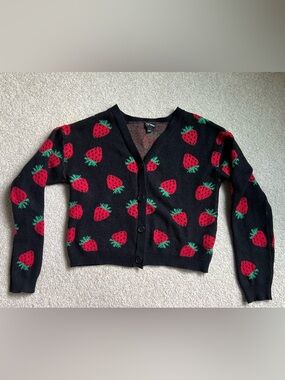 art class Black Cardigan with Red Strawberry Print and Green Accents